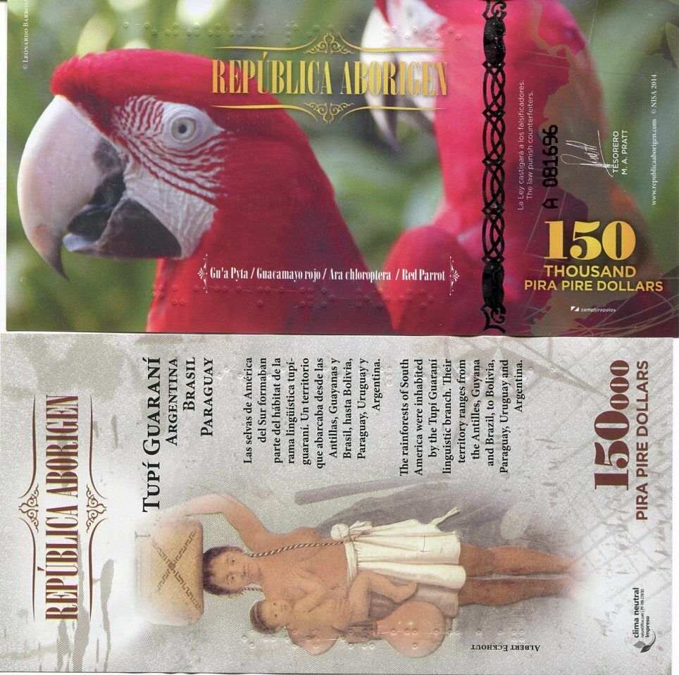 Republica Aborigen 150 Pira Pire Dollars 2014 RED PARROT/BIRD Polymer UNC