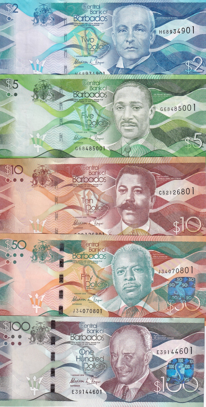Barbados SET 6 UNC 2 5 10 20 50 100 Dollars 2018 S/N # 01 P 73 74 75 76 77 78