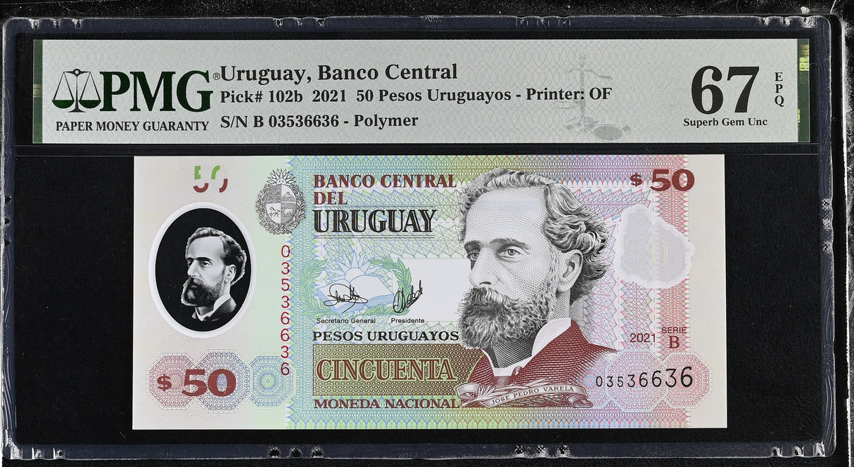 Uruguay 50 Pesos 2021 P 102 b Polymer Superb Gem UNC PMG 67 EPQ