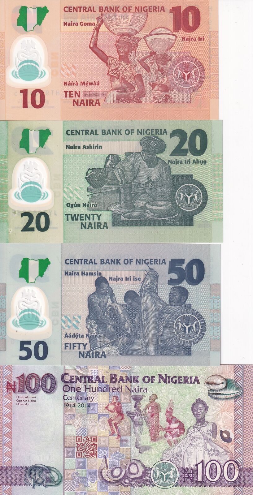 Nigeria Set 4 Pcs 10 20 50 100 Naira 2023 2024 Polymer P 34 40 41 P New UNC
