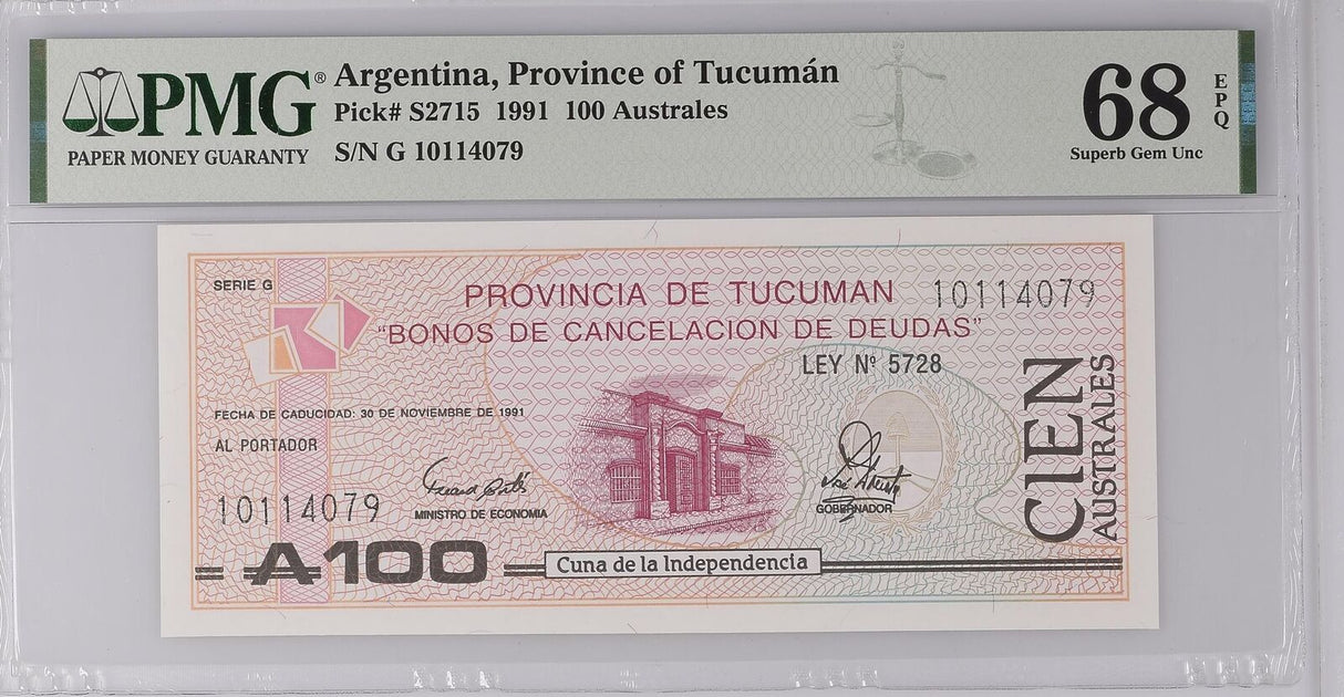 Argentina 100 Australes 1991 P S2715 Superb Gem UNC PMG 68 EPQ Top Pop