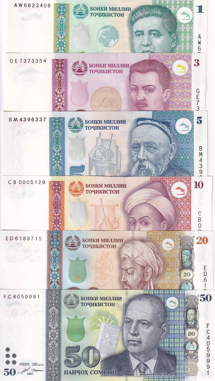 Tajikistan Set 6 UNC 1 3 5 10 20 50 Somoni 1999 - 2025 P 14A 15 20 24 25 26