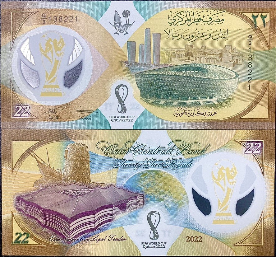 Qatar 22 Riyals 2022 FIFA World Cup Soccer Polymer P 39 New UNC