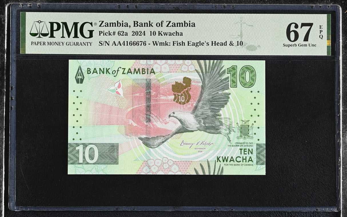 Zambia 10 Kwacha 2024 P 62 a AA Prefix Superb Gem UNC PMG 67 EPQ TOP POP