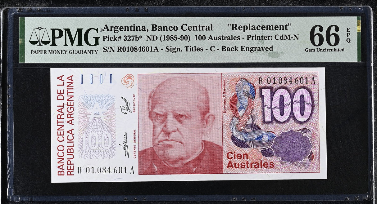Argentina 100 Australes ND 1985-90 P 327 b* Replacement Gem UNC PMG 66 EPQ TOP