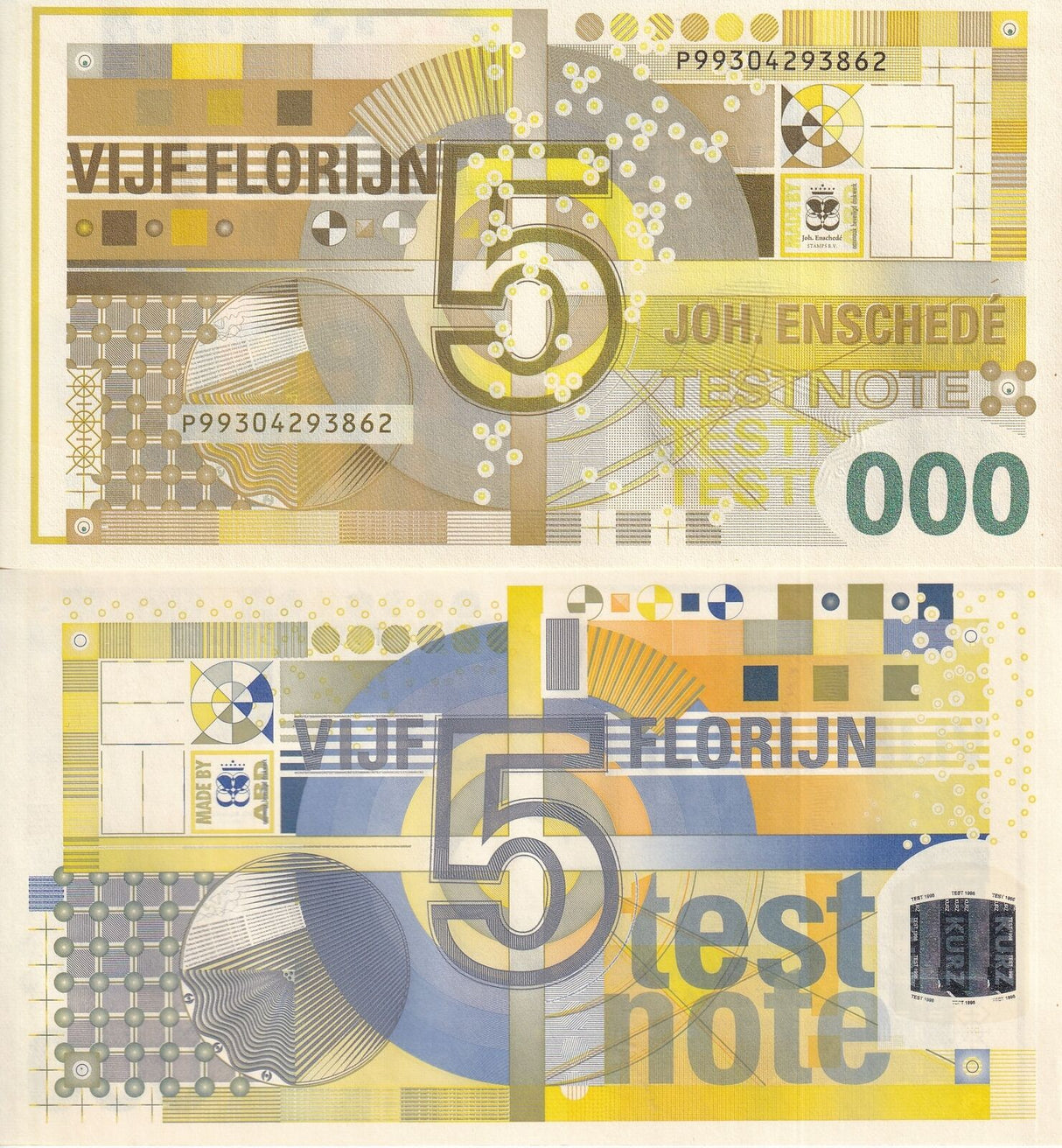 Test Note Joh Enschede 5 Florijn Silver Hologram UNC
