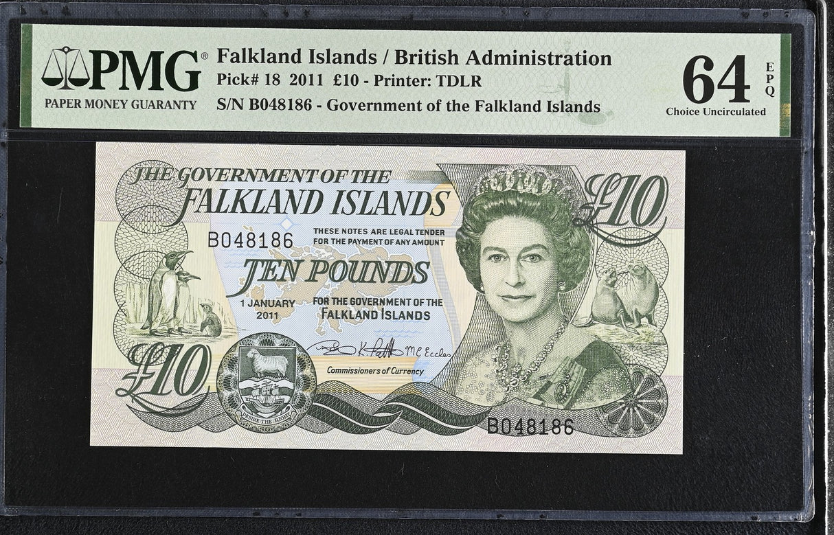 Falkland Islands 10 Pounds 2011 P 18 Choice UNC PMG 64 EPQ