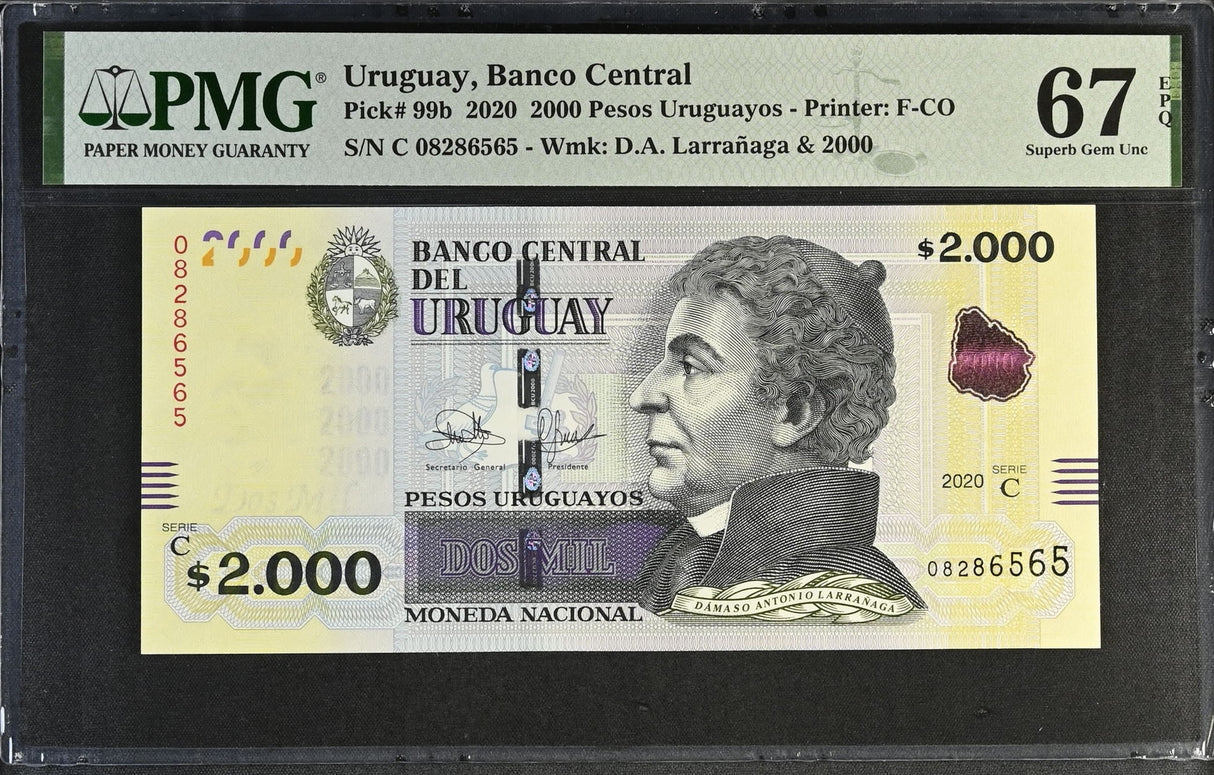 Uruguay 2000 Pesos Uruguayos 2020 P 99 b Superb Gem UNC PMG 67 EPQ TOP POP