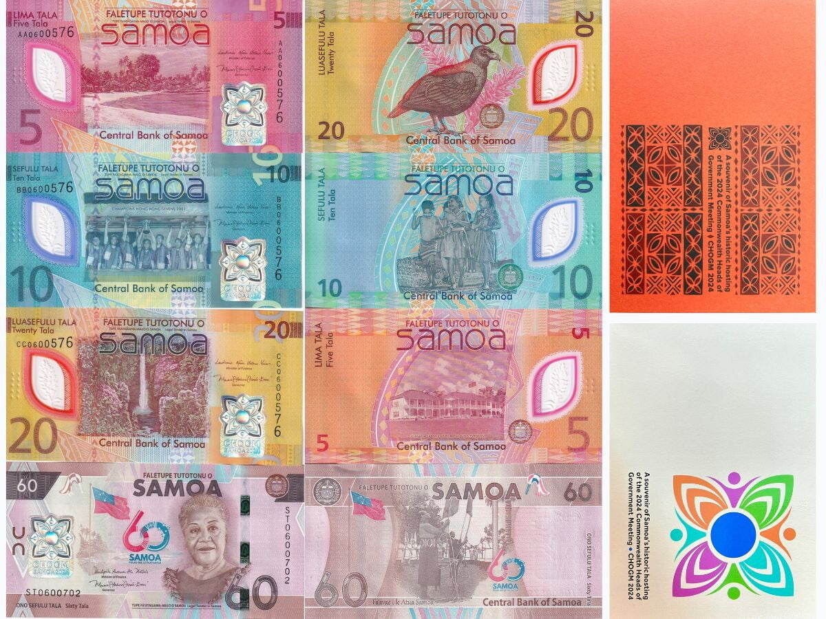Samoa SET 4 UNC (5 10 20 Polymer) 60 Tala 2024 P 50 51 52 53 CHOGM Comm W/FOLDER