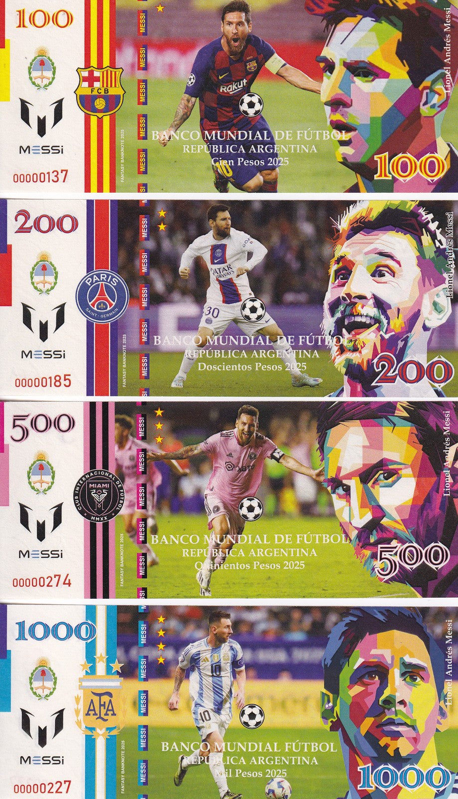 Messi Set 4 PCS 100 200 500 1000 pesos Banco Mundial de Football 2025 FANTASY