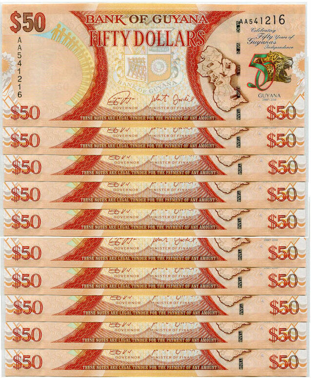 Guyana 50 Dollars ND 2016 P 41 Comm. UNC LOT 10 Pcs 1/10 Bundle