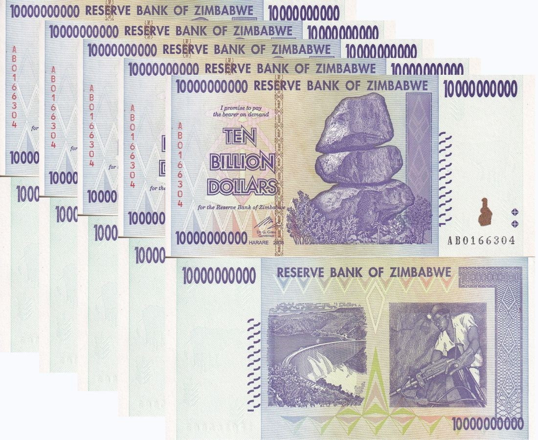 Zimbabwe 10 Billion Dollars 2008 P 85 UNC LOT 5 PCS