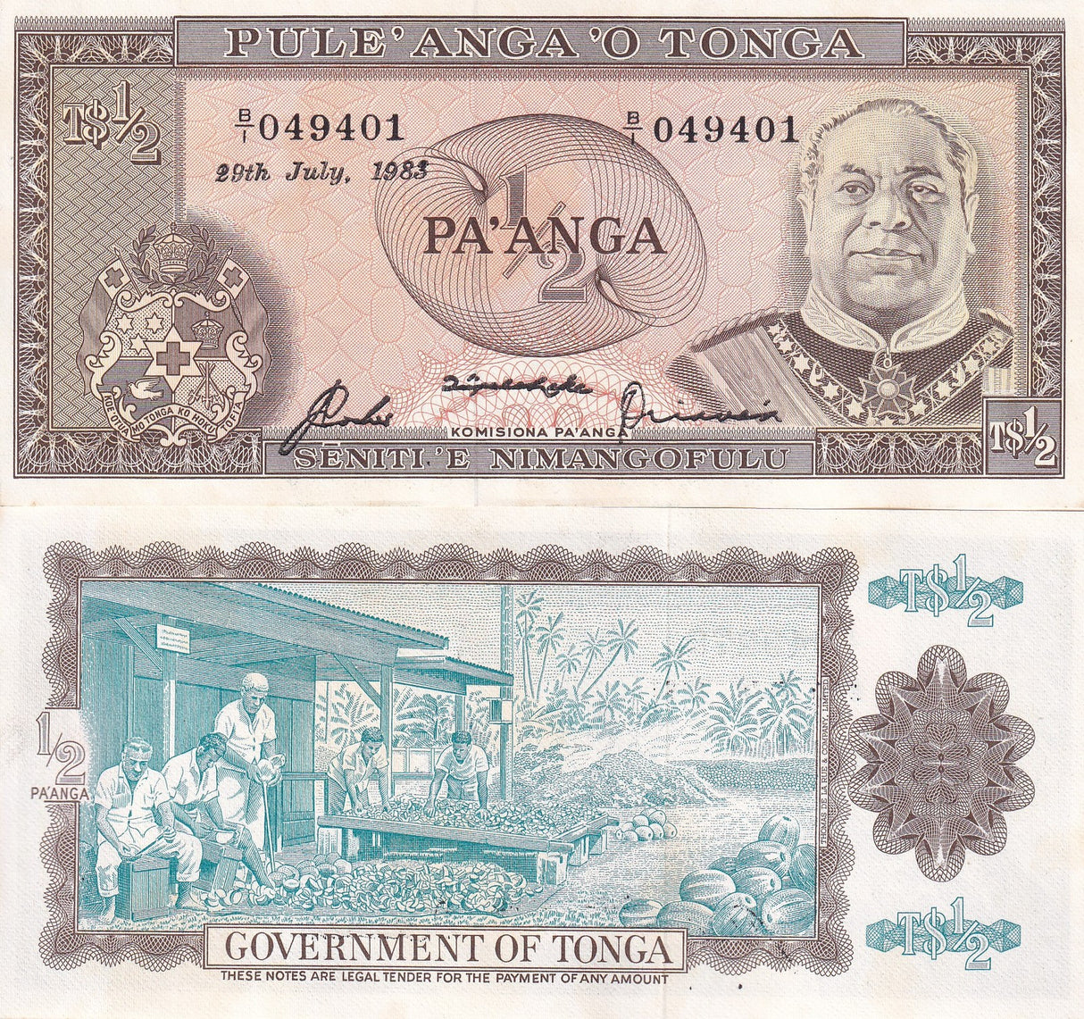 TONGA 1/2, 0.5 PA'ANGA 1983 P 18 AU-UNC W/TONE