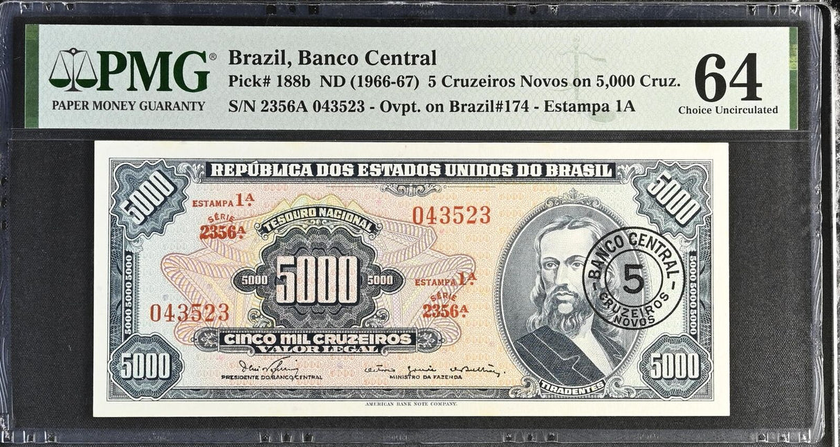 Brazil 5 Cruzeiros ND 1966-1967 P 188 b Choice UNC PMG 64
