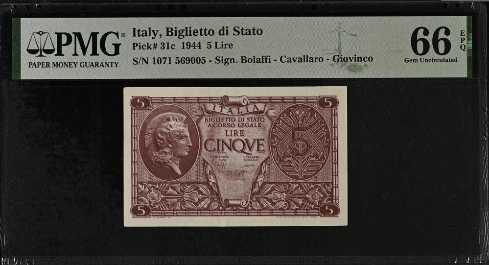 Italy 5 Lire 1944 P 31 c Gem UNC PMG 66 EPQ