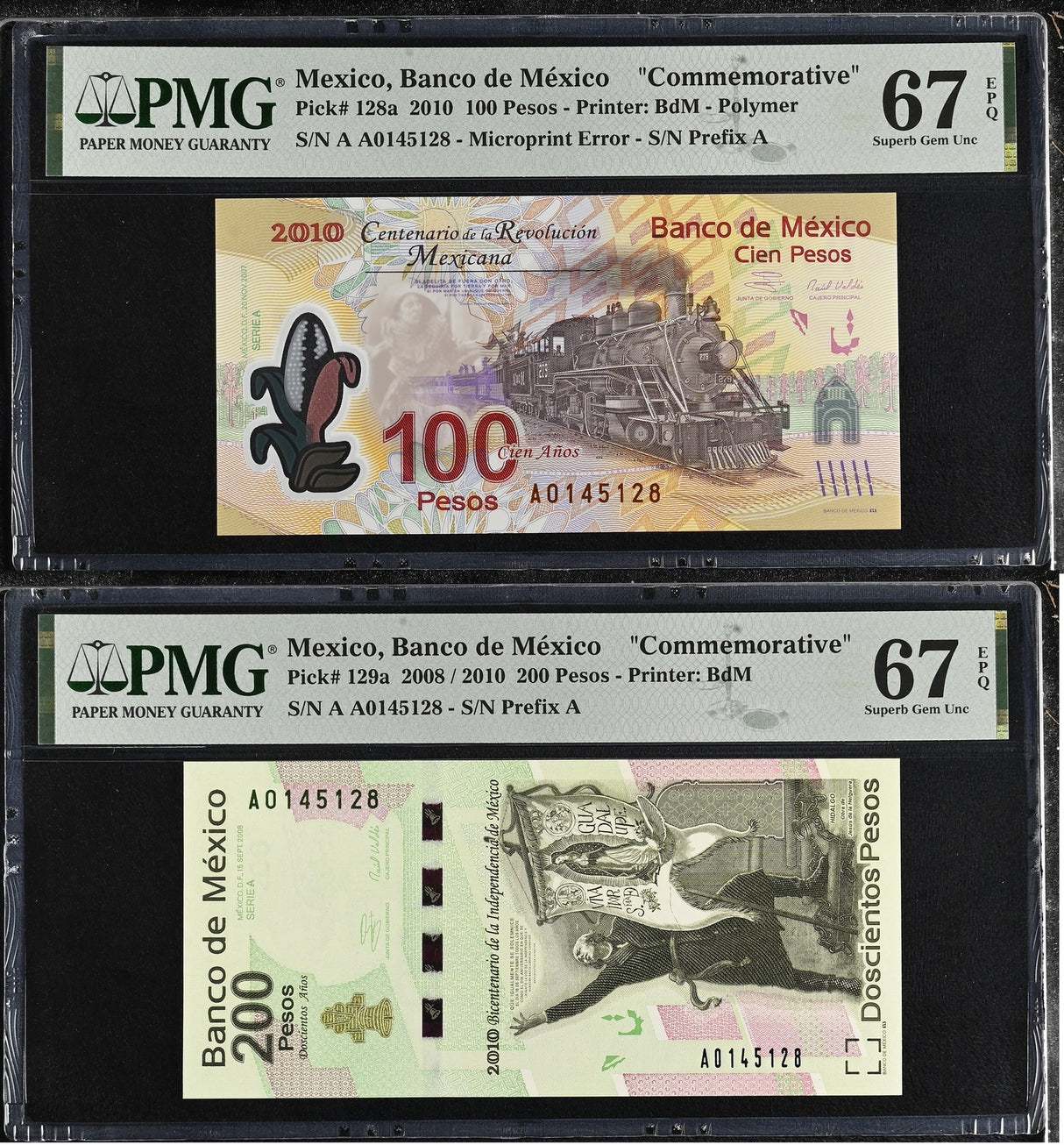 Mexico SET 2 200 Pesos 2008/2010 Comm. P 128 129 AA Superb Gem UNC PMG 67 EPQ