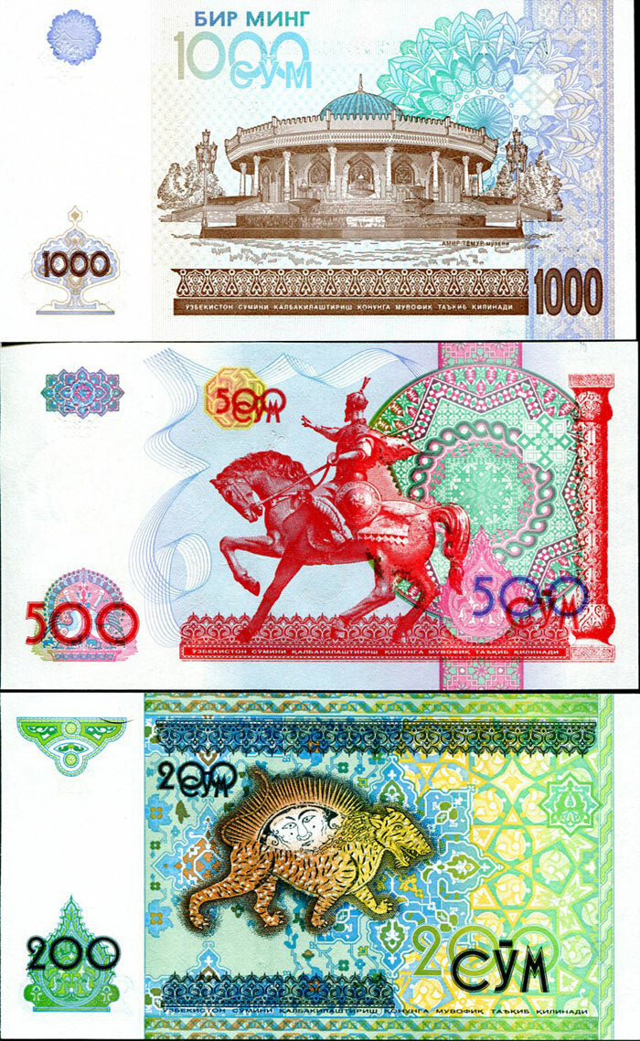 Uzbekistan Set 3 UNC 200 500 1000 Som 1997 1999 2001 P 80 81 82