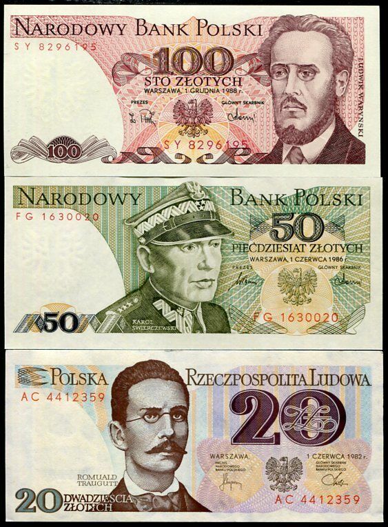Poland Set 3 Pcs 20 50 100 Zlotlych Random Dates P 142 143 149 UNC