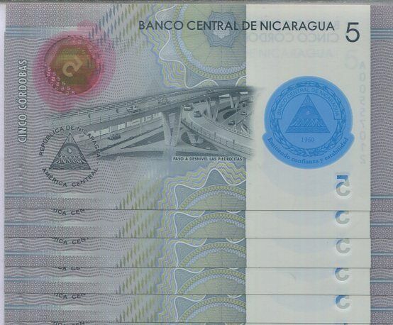 Nicaragua 5 Cordobas 2019/2020 P 219 a Comm. Polymer UNC Lot 5 Pcs