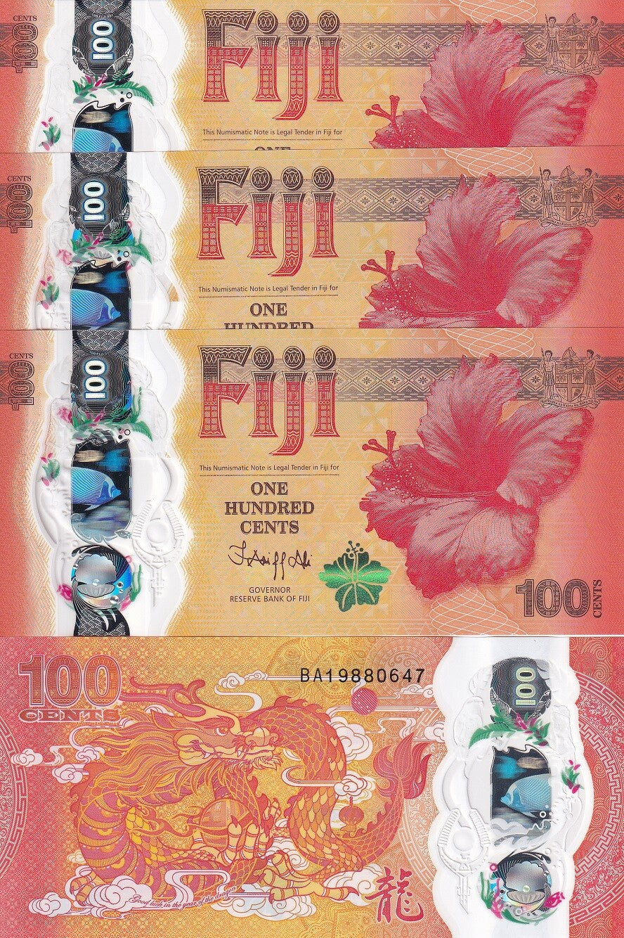 Fiji 100 Cents 2023 Commemorative Dragon P 124 new Polymer LOT 3 UNC