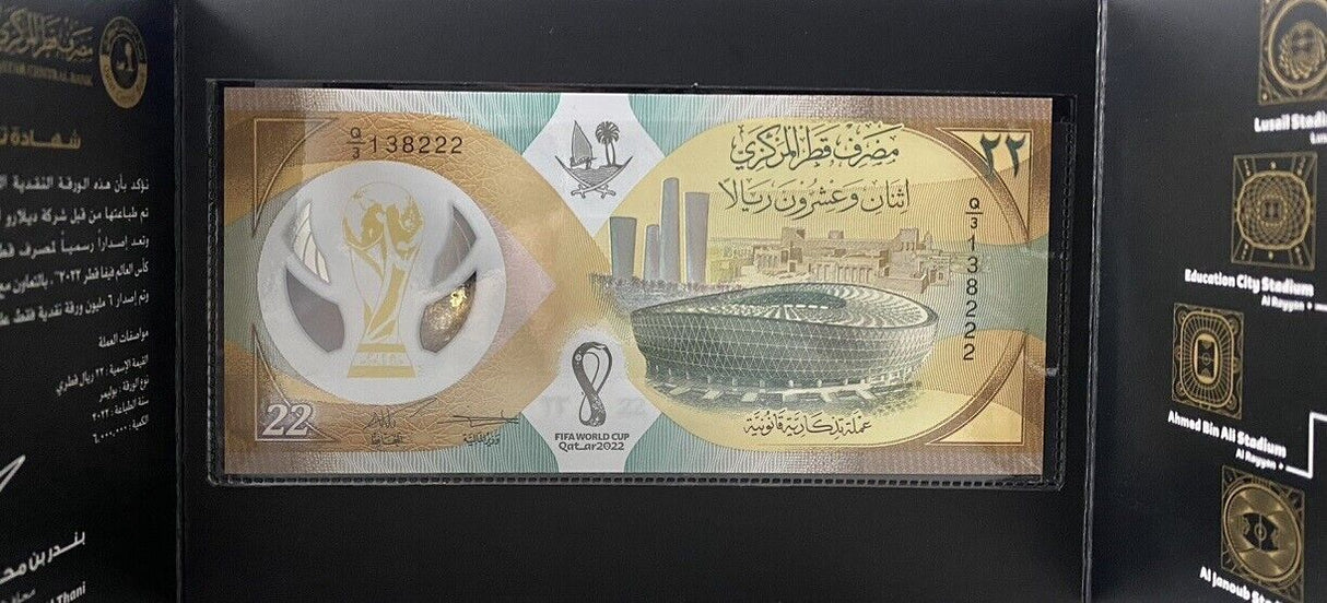 Qatar 22 Riyals 2022 FIFA World Cup Soccer Polymer P 39 New UNC W/Folder