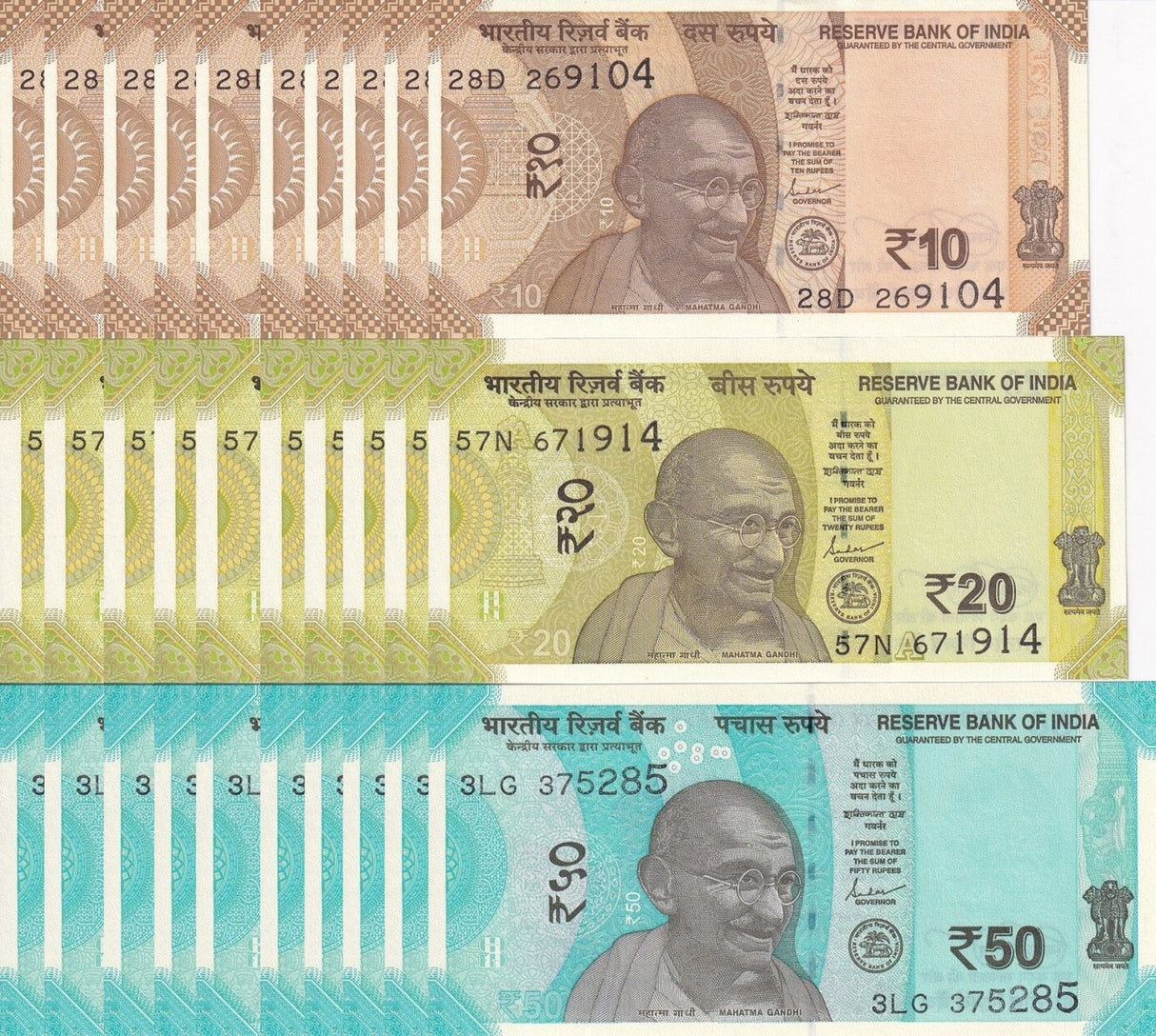 India Set 3 X Lot 10 = 30 UNC 10 20 50 Rupees Mixed Year P 109 110 111
