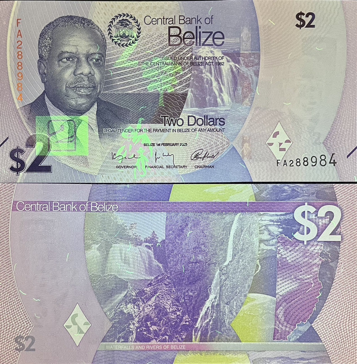 Belize 2 Dollars 2025 P 73 NEW Design Waterfalls LOT 10 Pcs UNC