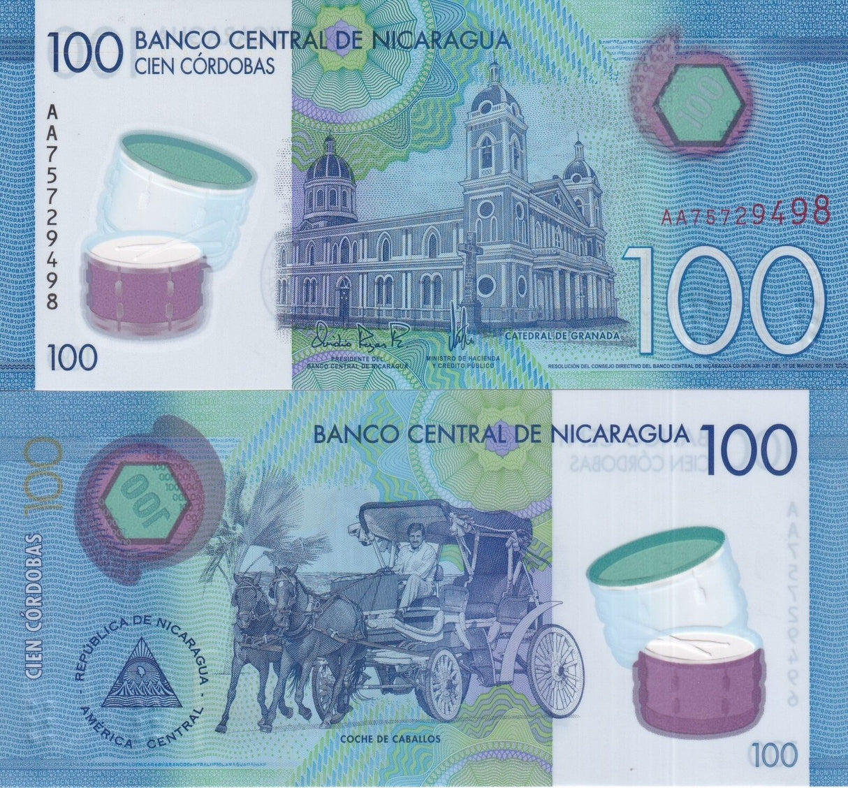 Nicaragua 100 Cordobas 2021/2024 Polymer P 212 b UNC