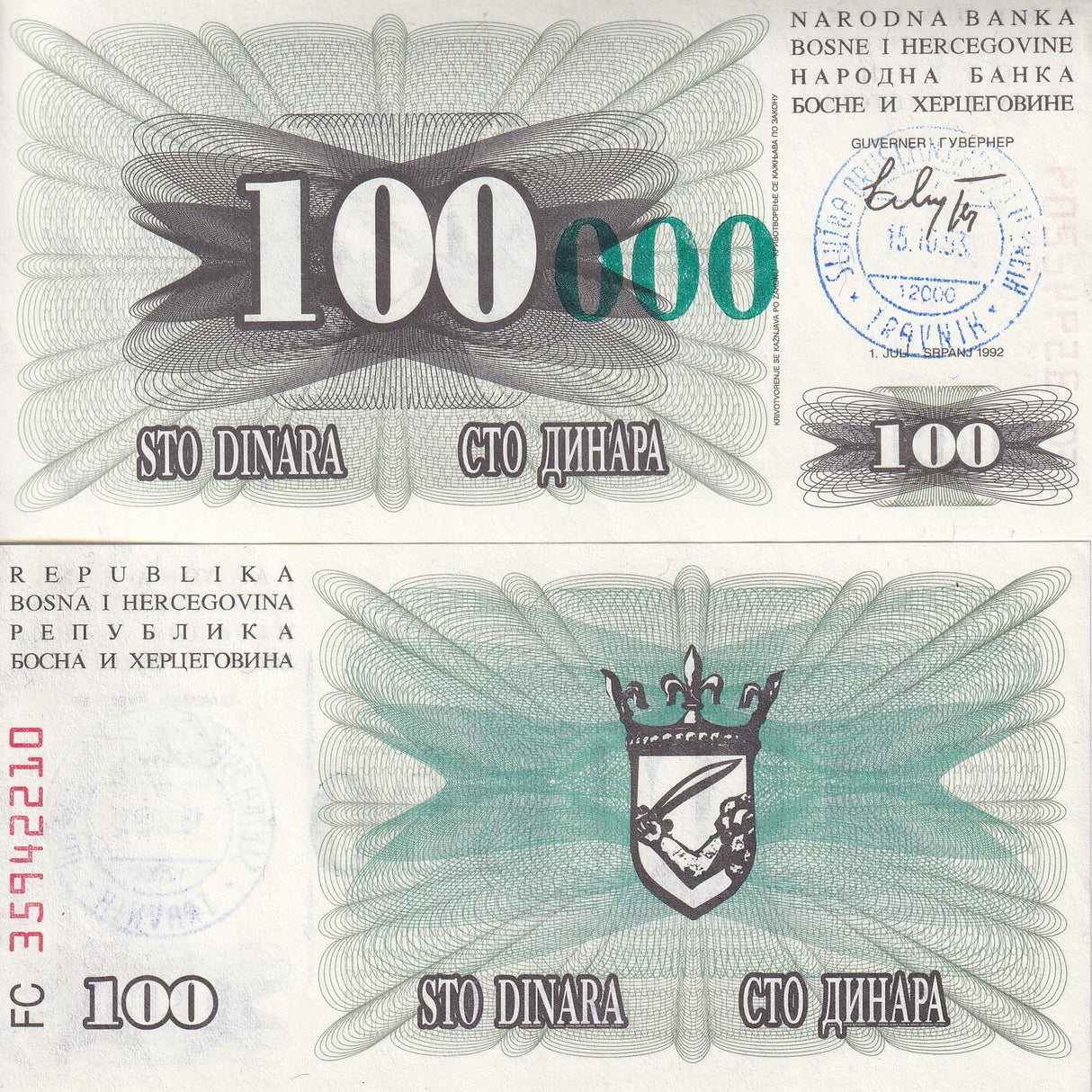 Bosnia 100000 Dinara 15.10.1993 P 56 a UNC