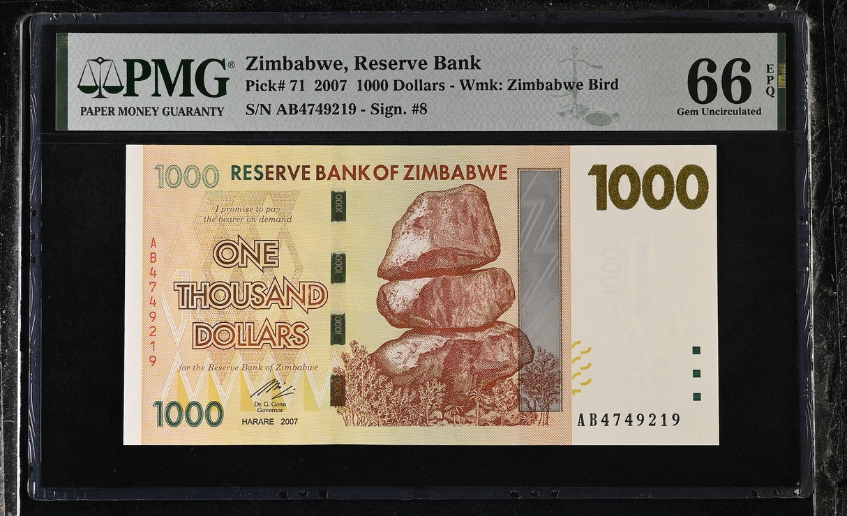 Zimbabwe 1000 Dollars 2007 P 71 Gem UNC PMG 66 EPQ