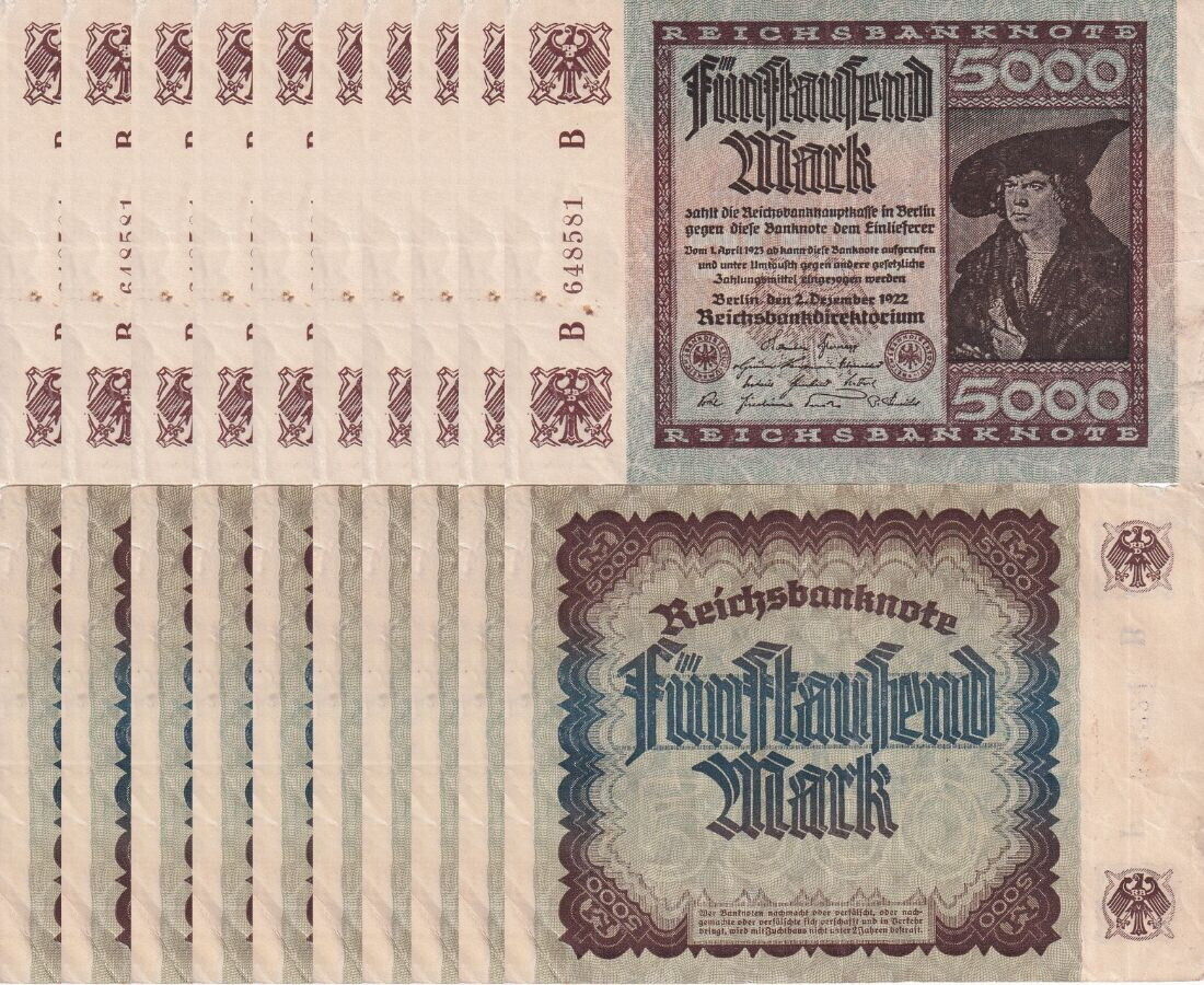 Germany 5000 Mark 1922 P 81 b USED/ Circulated LOT 10 PCS