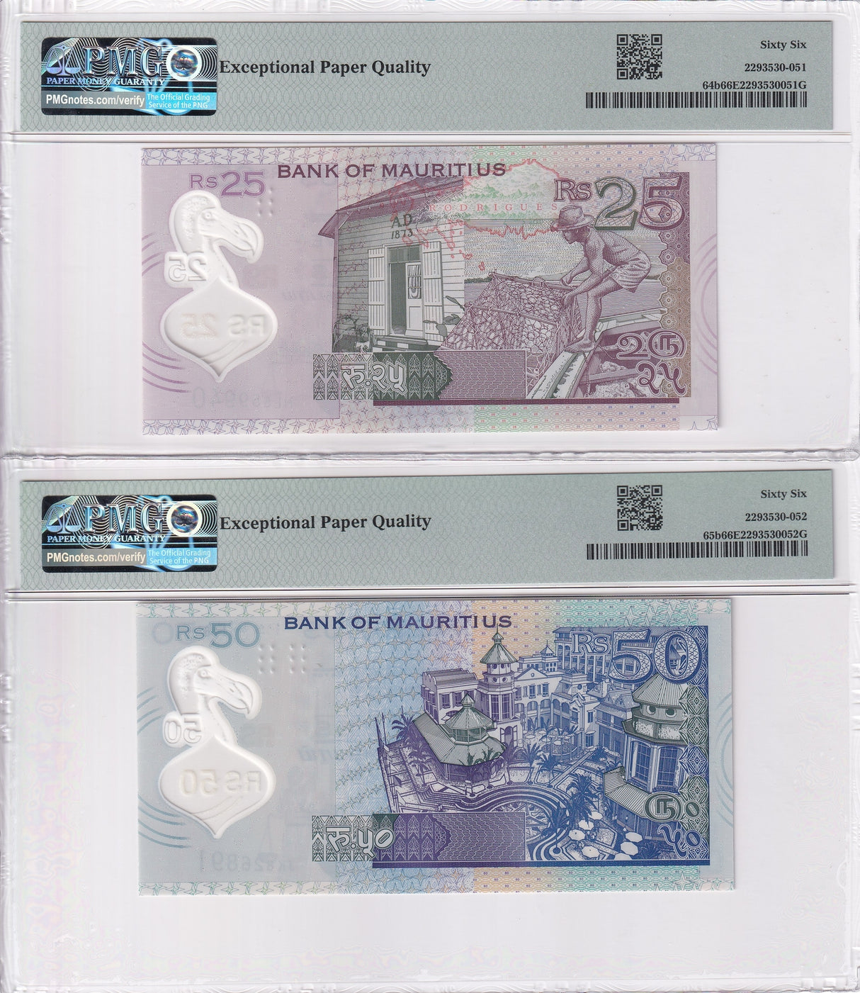 Mauritius Set 2; 25 50 Rupees 2021 P 64 P 65 Gem UNC PMG 66 EPQ