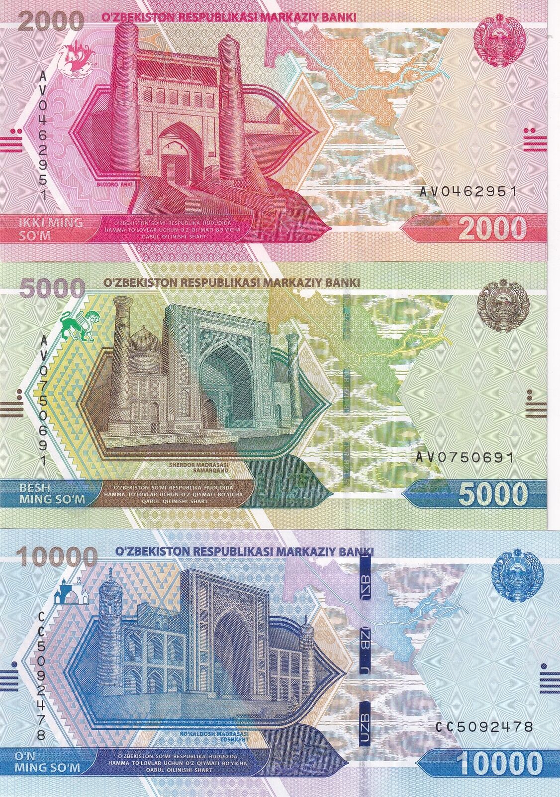 Uzbekistan Set 3 Pcs 2000 5000 10000 Som 2021 2022 P 87 88 89 UNC