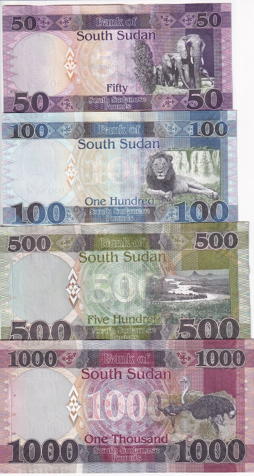 South Sudan Set 4 Pcs (50 100 UNC) (500 1000 AU) Pounds 2019-2023