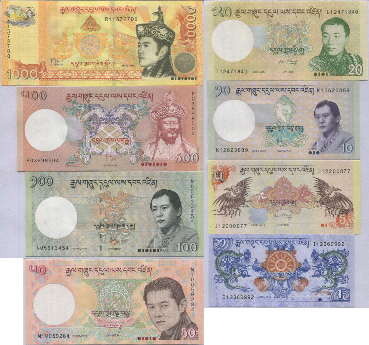 Bhutan Set 8 UNC 1 5 10 20 50 100 500 1000 N 2013-2021 P 27 28 29 30 31 32 33 34