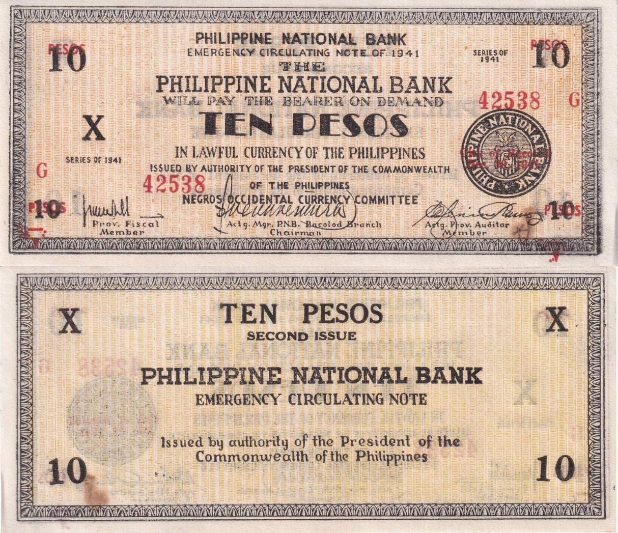 Philippines 10 Piso ND 1941 P S627 b UNC With Yellow Foxing