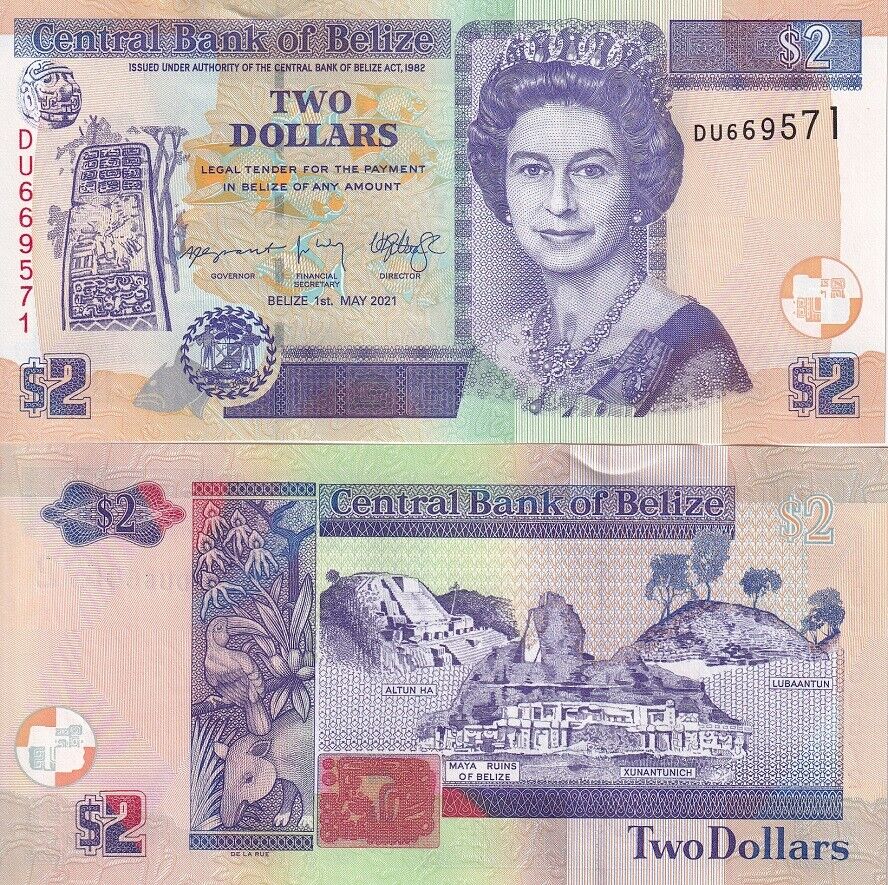 Belize 2 Dollars 2021 P 66 NEW Date & Sign UNC