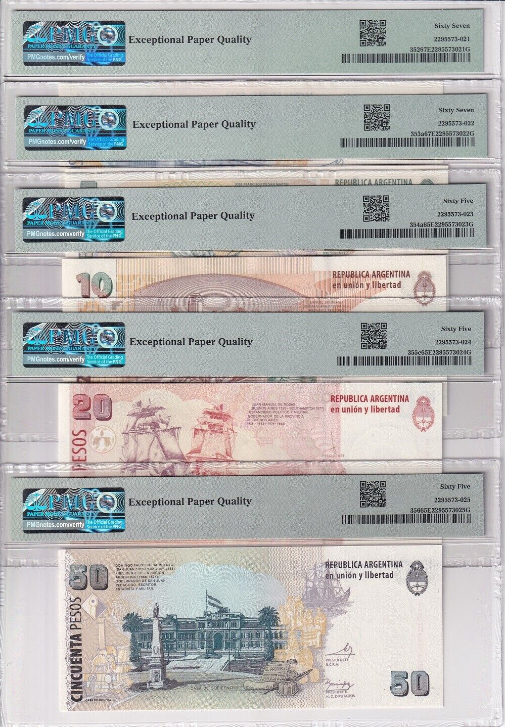 Argentina Set 5; 2-10 20 50 Pesos ND 2002 P352-356 Superb Gem UNC PMG 65 67 EPQ