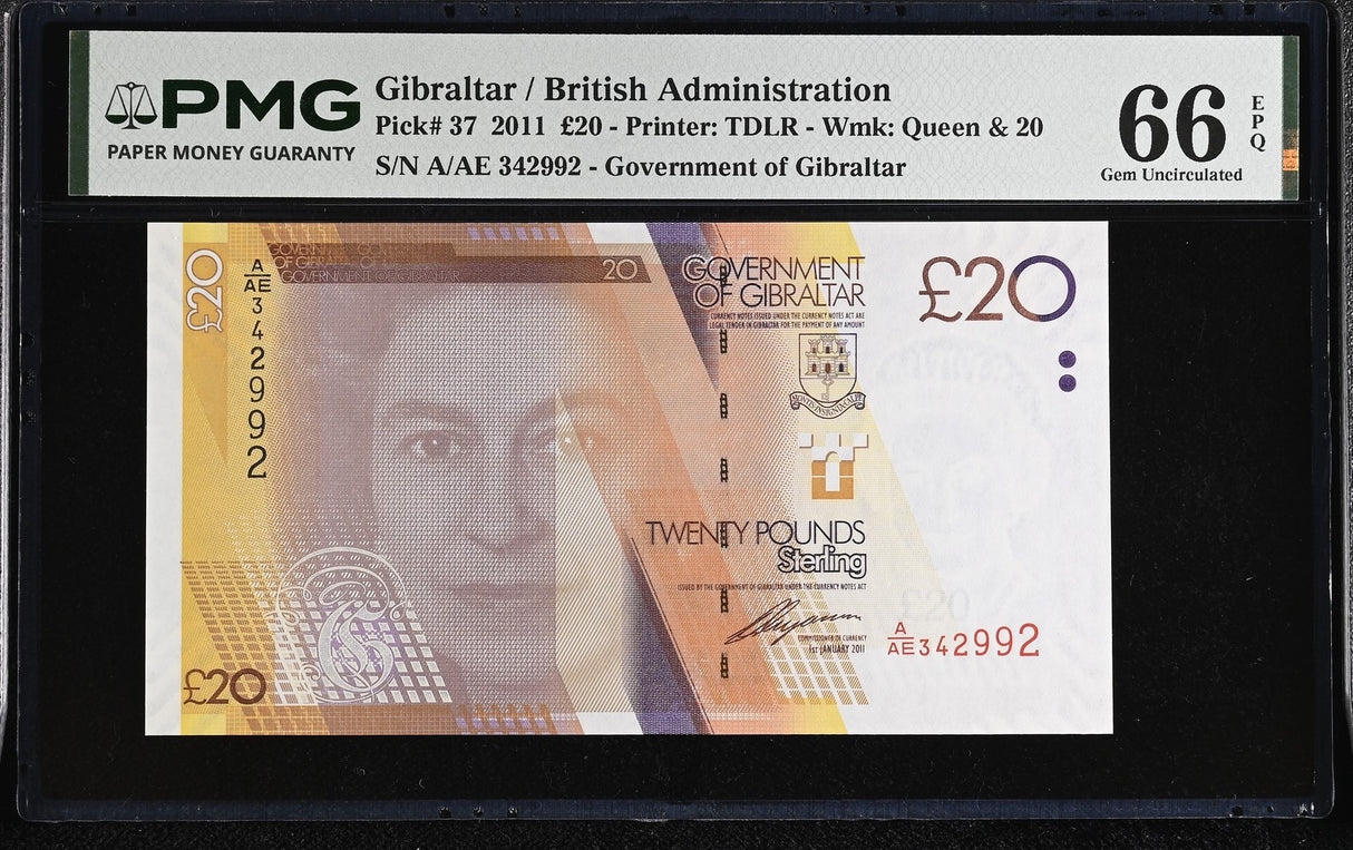 Gibraltar 20 Pounds 2011 P 37 Gem UNC PMG 66 EPQ
