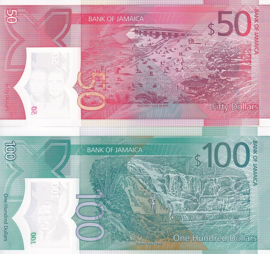 Jamaica SET 2 PCS 50 100 Dollars 2022/2023 P 96 97 UNC