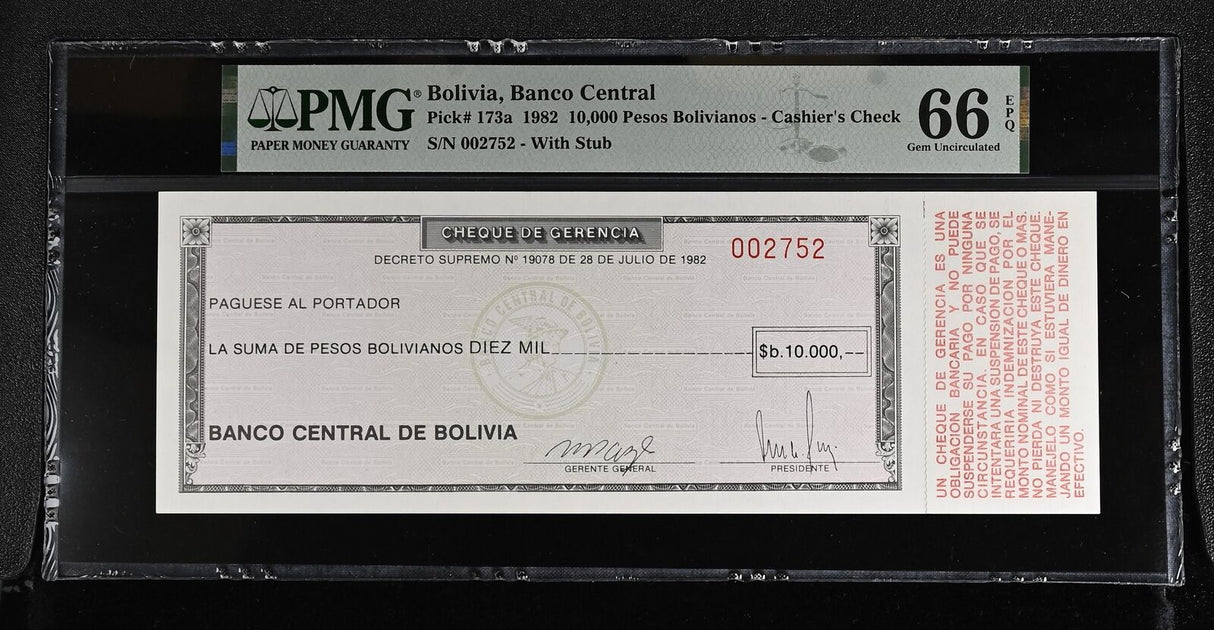Bolivia 10000 Pesos Bolivianos 1982 P 173 a Cashier Check GEM UNC PMG 66 EPQ