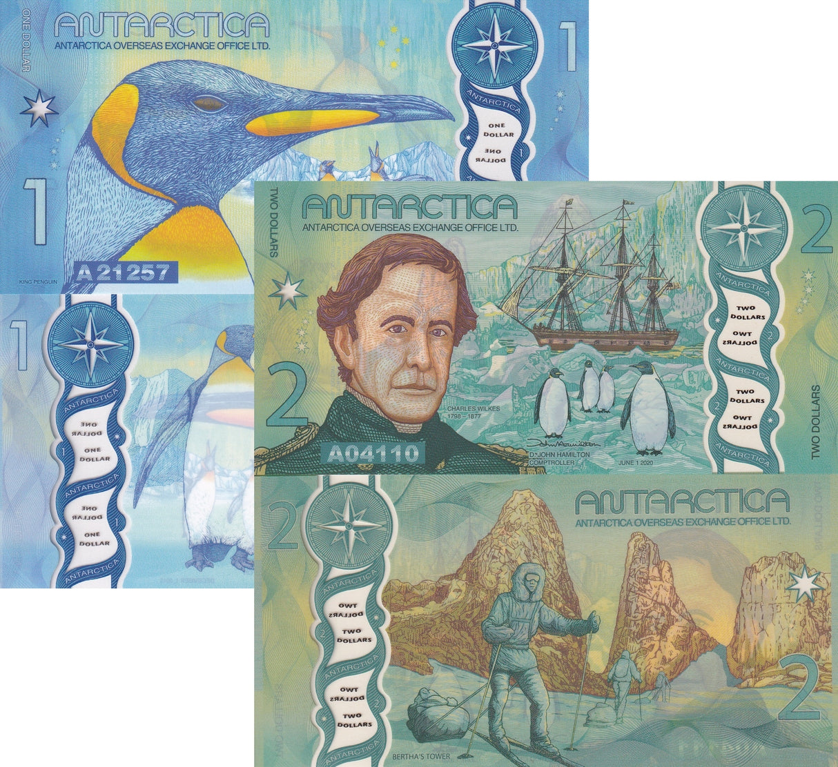 Antarctica Set 2 Pcs 1 2 Dollars 2015 2020 Clear Window Polymer