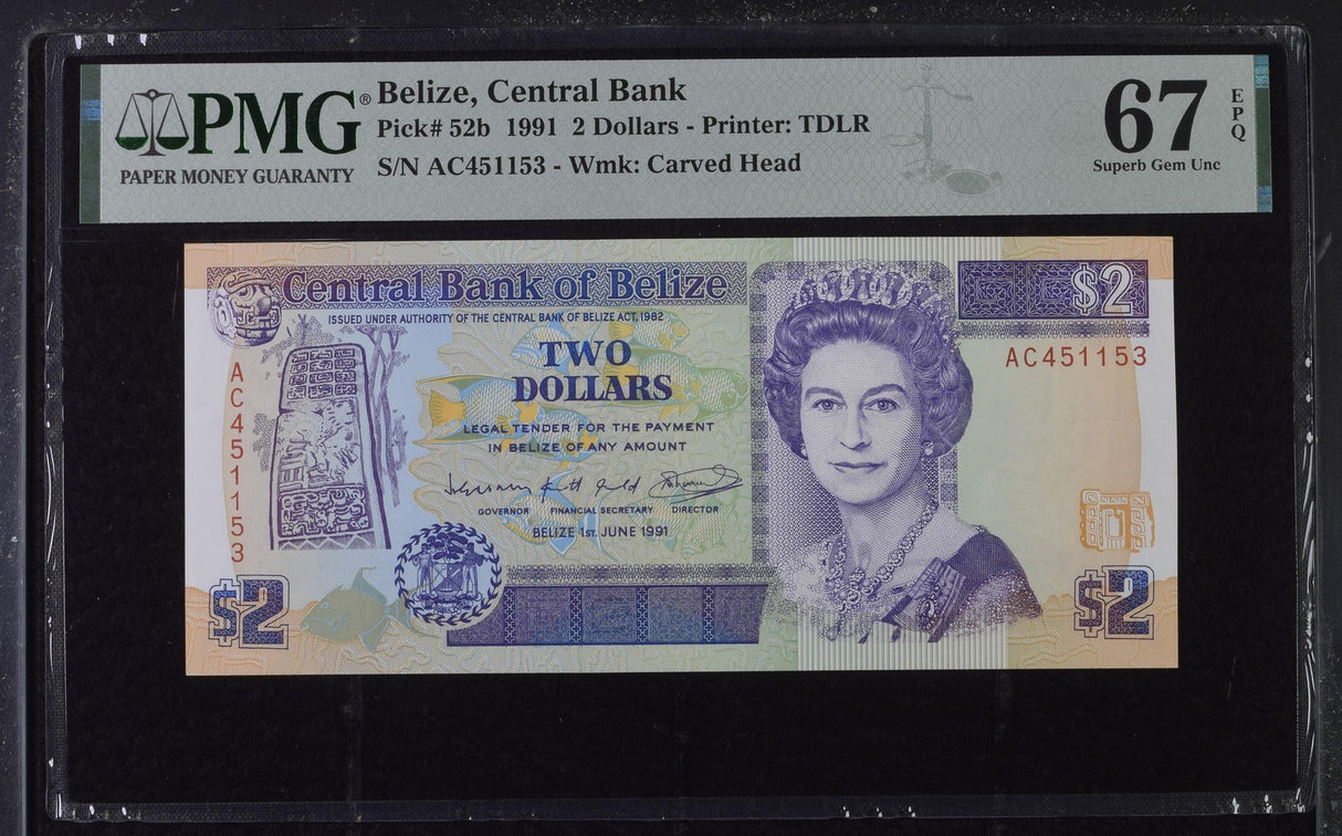 Belize 2 Dollars 1991 P 52 b Superb Gem UNC PMG 67 EPQ