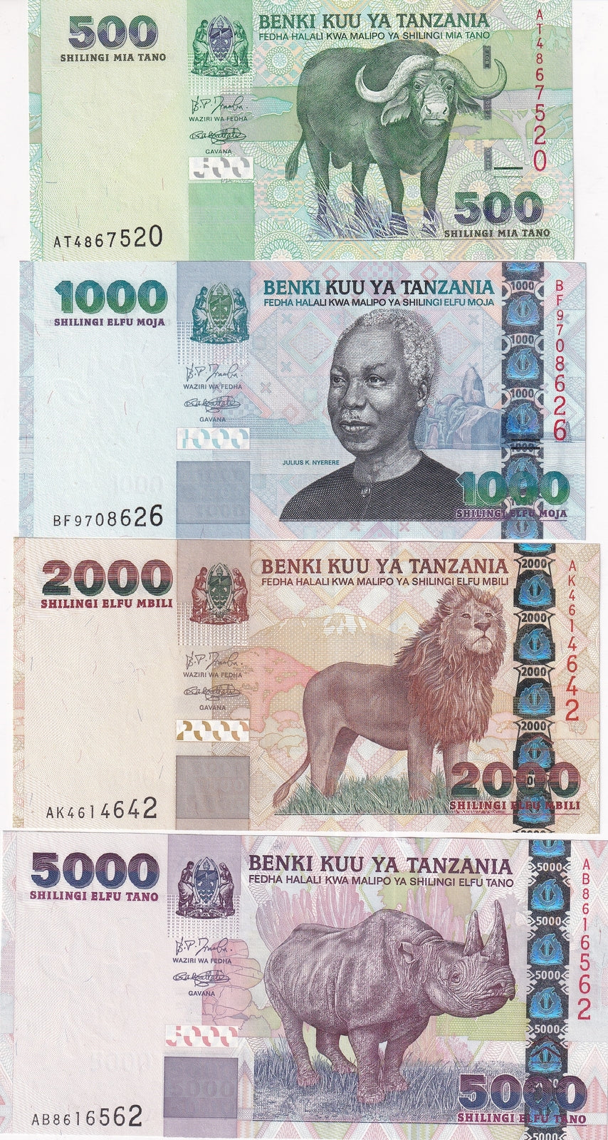 Tanzania Set 4 UNC 500 1000 2000 5000 Shillings ND 2003 P 35 36 37 38