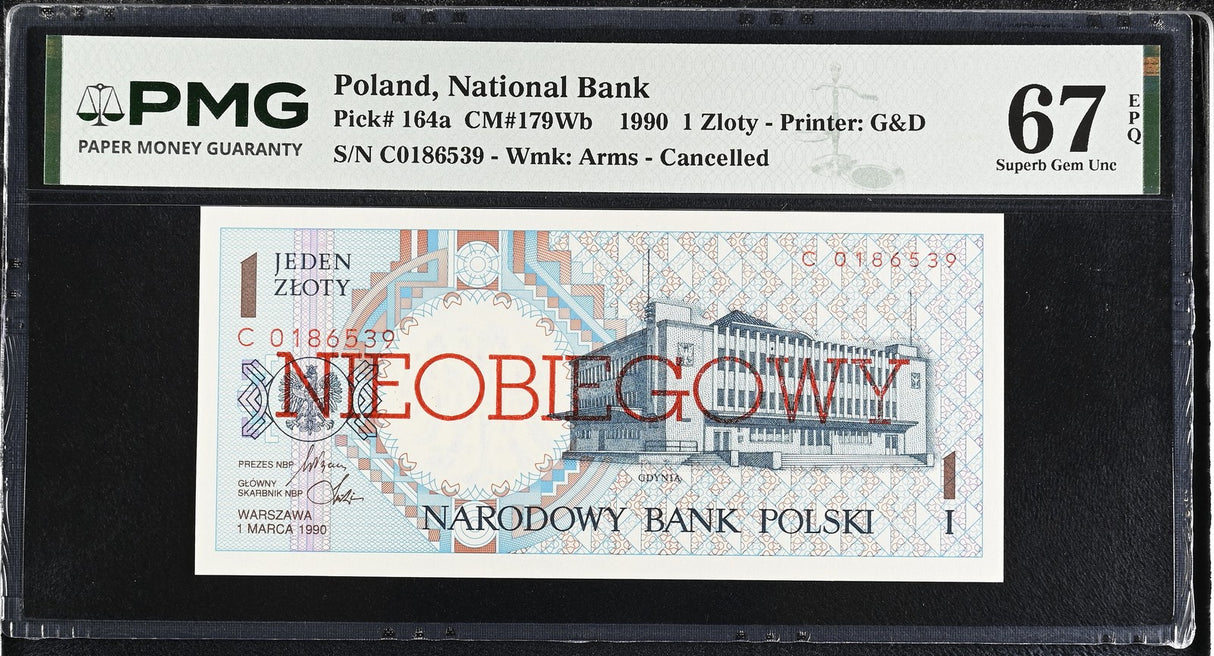 Poland 1 Zlotych 1990 P 164 a Cancelled Superb Gem UNC PMG 67 EPQ