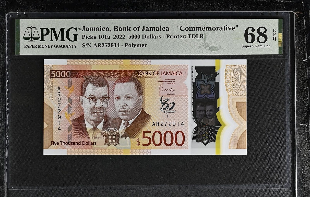 Jamaica 5000 Dollars 2022 P 101 Polymer Commemorative Superb Gem UNC PMG 68 EPQ