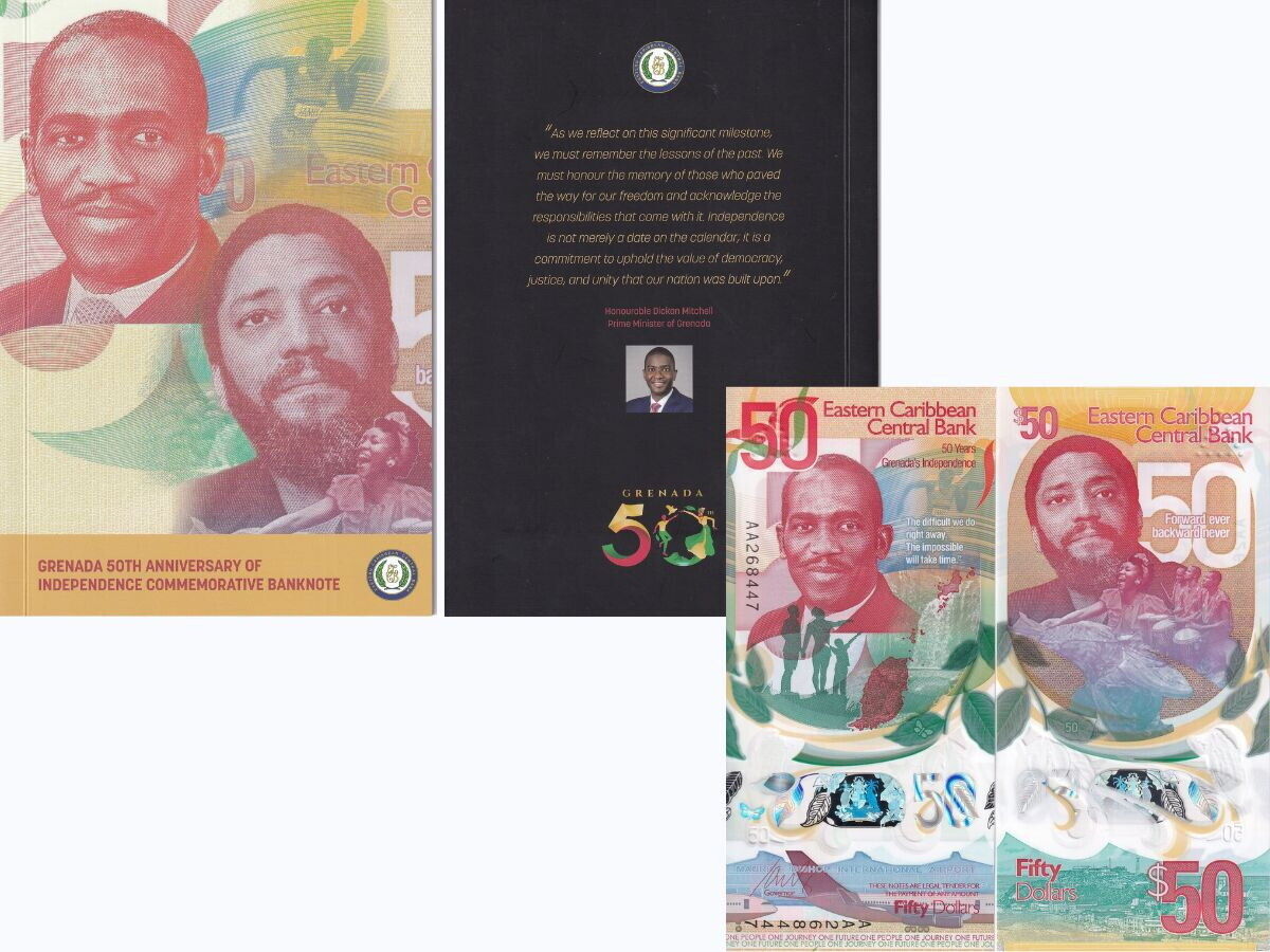 East Caribbean 50 Dollars 2024 50th Grenada Polymer Comm. P 62 UNC W/ Folder