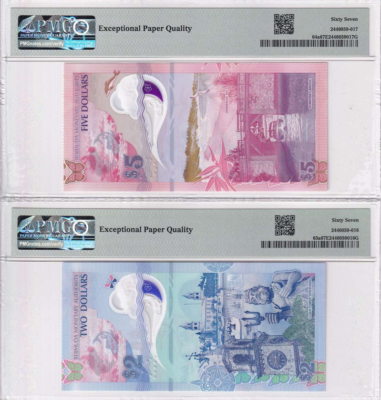 Bermuda Set 2; 2 5 Dollars 2024 P 63 P 64 Bird Fish Superb Gem UNC PMG 67 EPQ