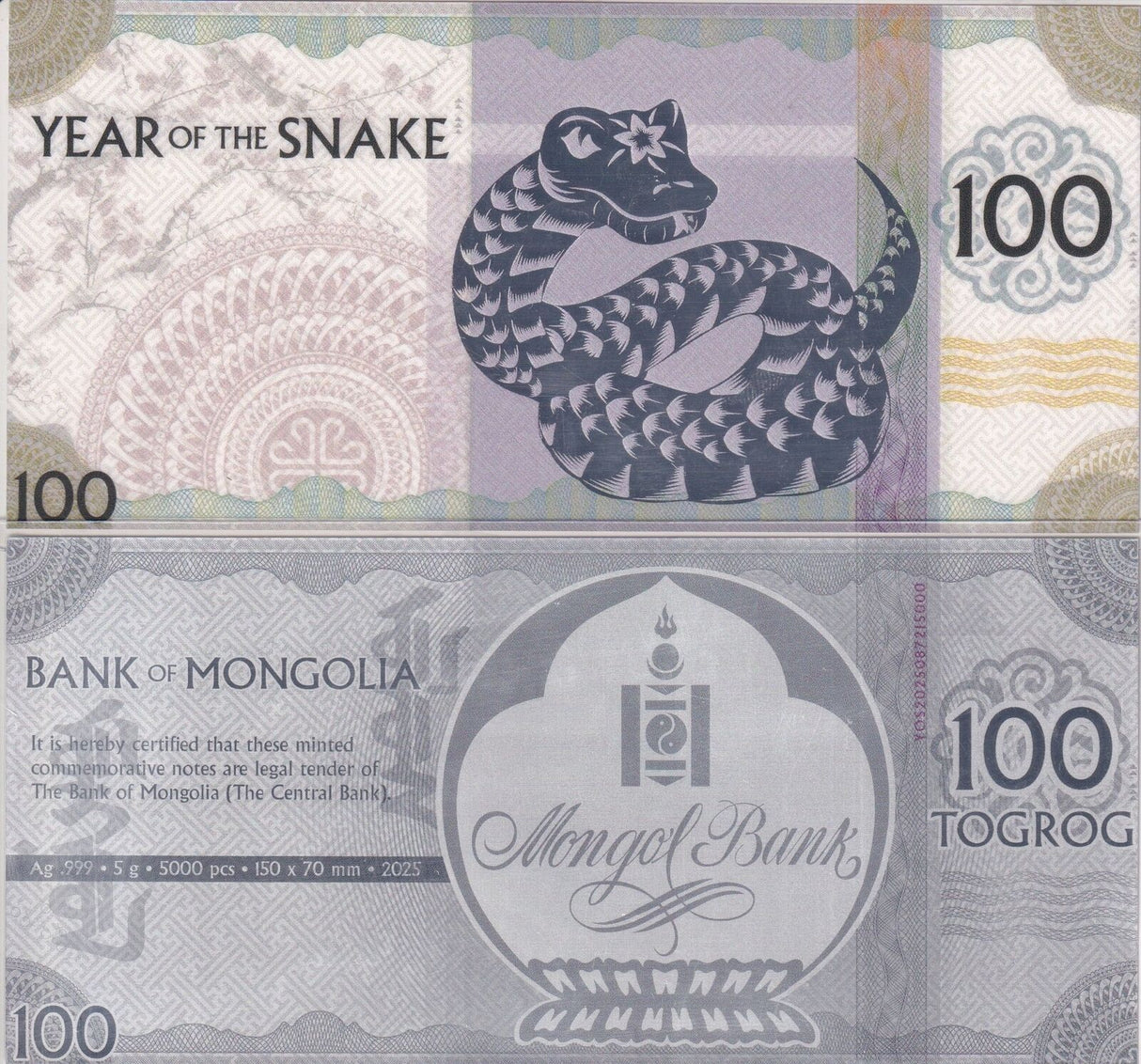 Mongolia 100 Tugrik 2025 Commemorative Snake Zodiac 5g Silver Note UNC