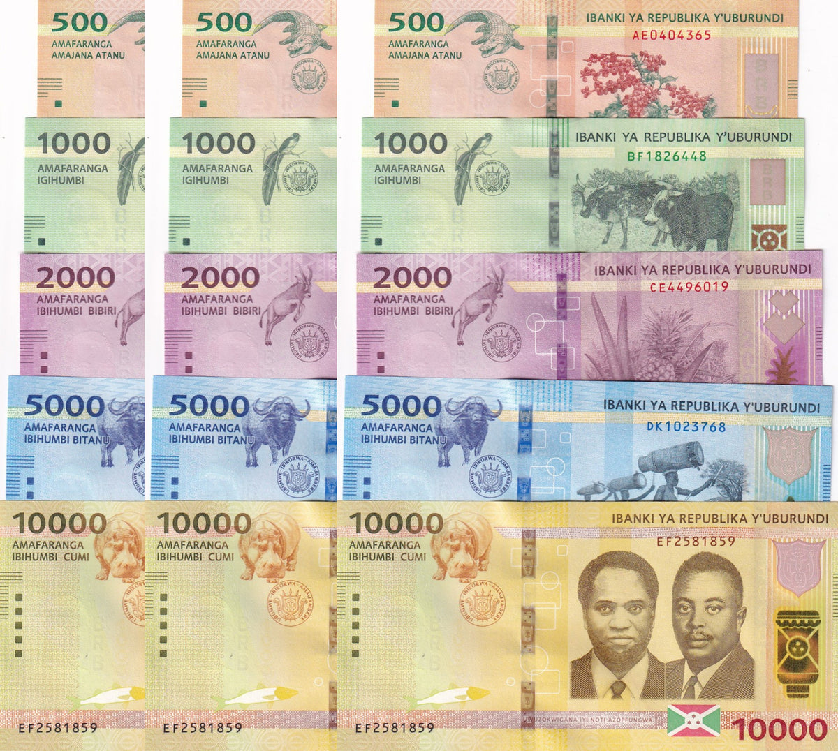 Burundi Set 5 X LOT 3 = 15 UNC 500 1000 2000 - 10000 Francs 2018-2021 P 50-53 54